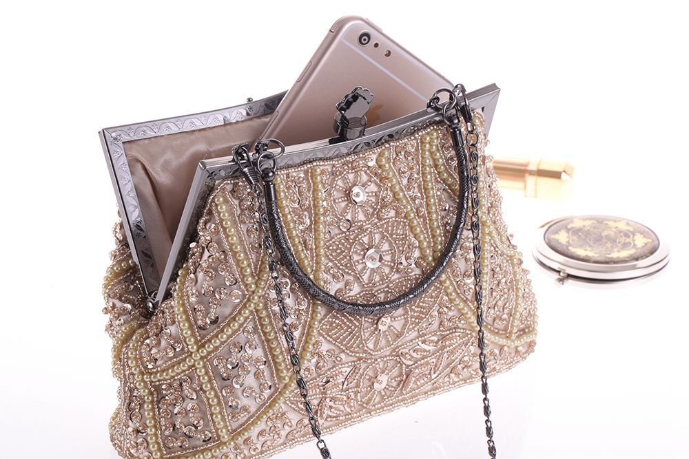 Handtasche 20er Jahre Stil Damen Vintage Perlen Abendtasche Clutch Handtasche Schultertasche Elegant Umhängetasche Hand-Tasche Geldbeutel für Hochzeit Braut Abschlussball Party