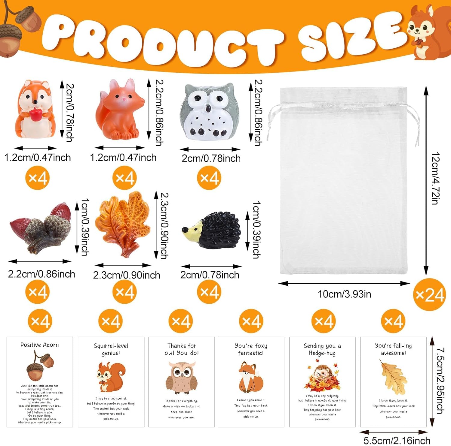 48 Sets Thanksgiving Party Favor Mini Thanksgiving Figurines Fall Gifts Maple Leaf Acorn Animals Miniature Resin Thank You Gift with Card for Employees Colleagues Students Teachers