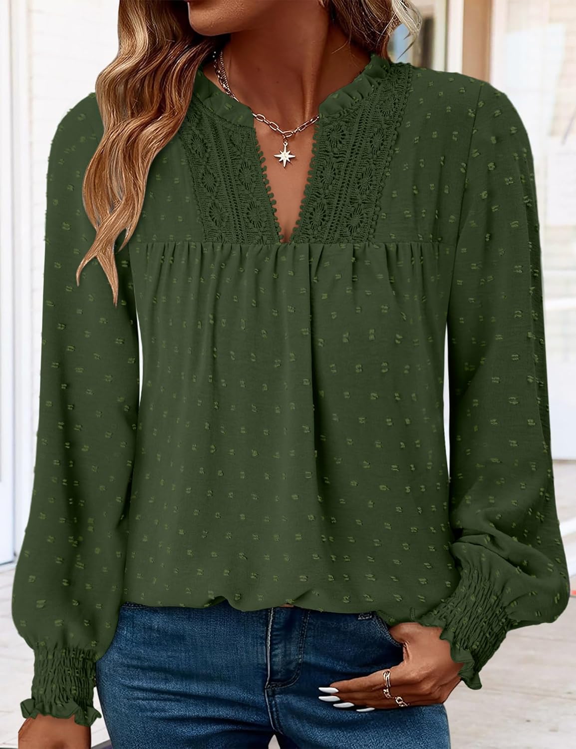 BETTE BOUTIK Women Boho Long Sleeve Shirts Dressy Casual V Neck Fall Fashion Tops Swiss Dot Flowy Blouses - Image 4