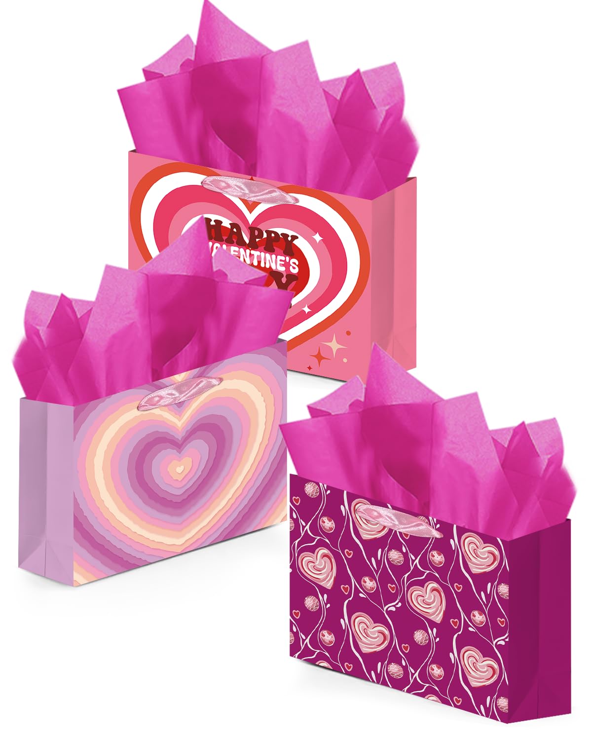 qiqee Heart Valentine Gift Bag with Tissue Paper Wide Medium Present Wrap Bags for Women Girlfriend Classroom Happy Valentine's Day (3 PCS Medium + Tissue Papers)