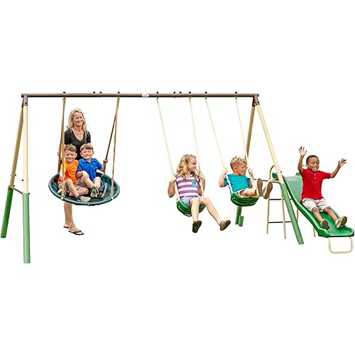 SuperDisc Swing Set with SuperDisc Swing. 5 User Capacity, Easy Assembly, Metal Frame Backyard Playground Set for Kids. with Padded Frame Legs for Safety. 148" L x 93" W x 74" H, by XDP Recreation