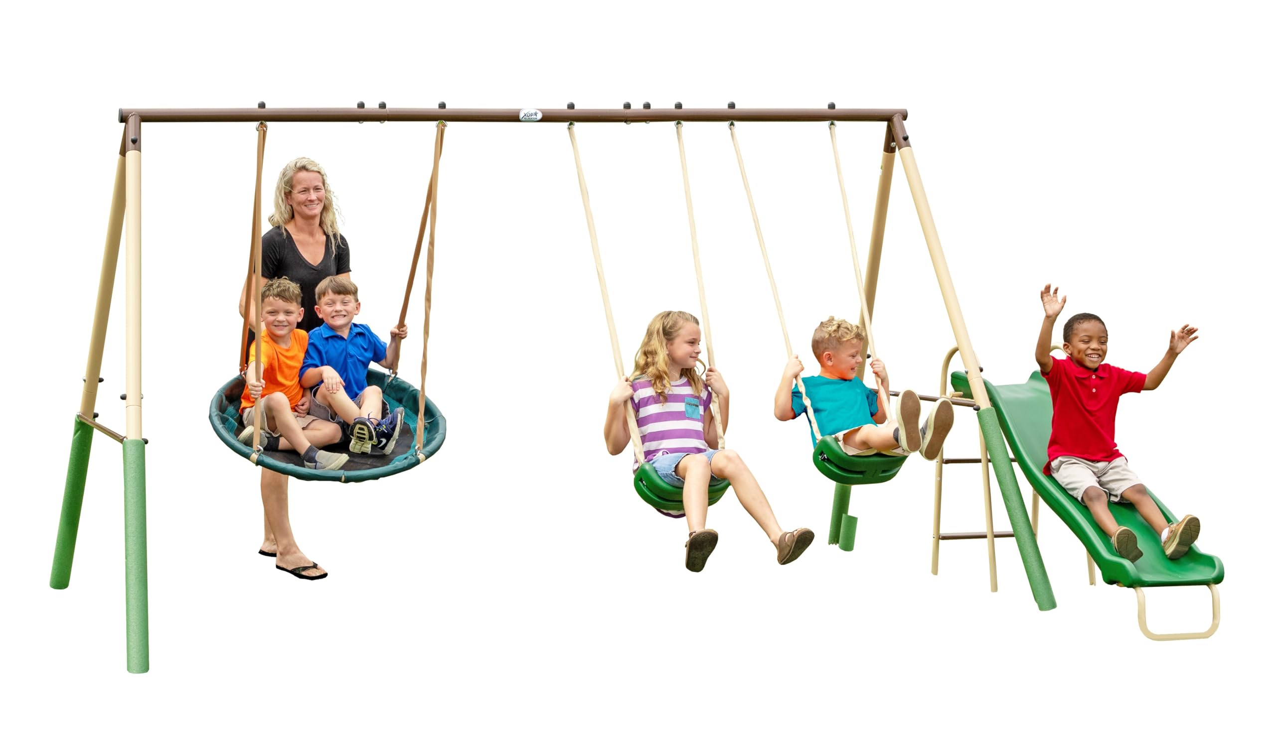 Photo 1 of SuperDisc Swing Set with SuperDisc Swing. 5 User Capacity, Easy Assembly, Metal Frame Backyard Playground Set for Kids. with Padded Frame Legs for Safety. 148" L x 93" W x 74" H, by XDP Recreation
