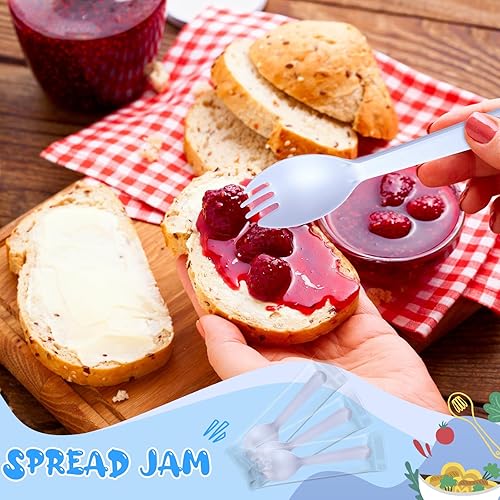 Miniatura 5 de Tioncy 150 tenedores desechables de plástico envueltos individualmente de 4.5 x 1.26 pulgadas, juego de tenedor y cuchara 2 en 1, utensilios