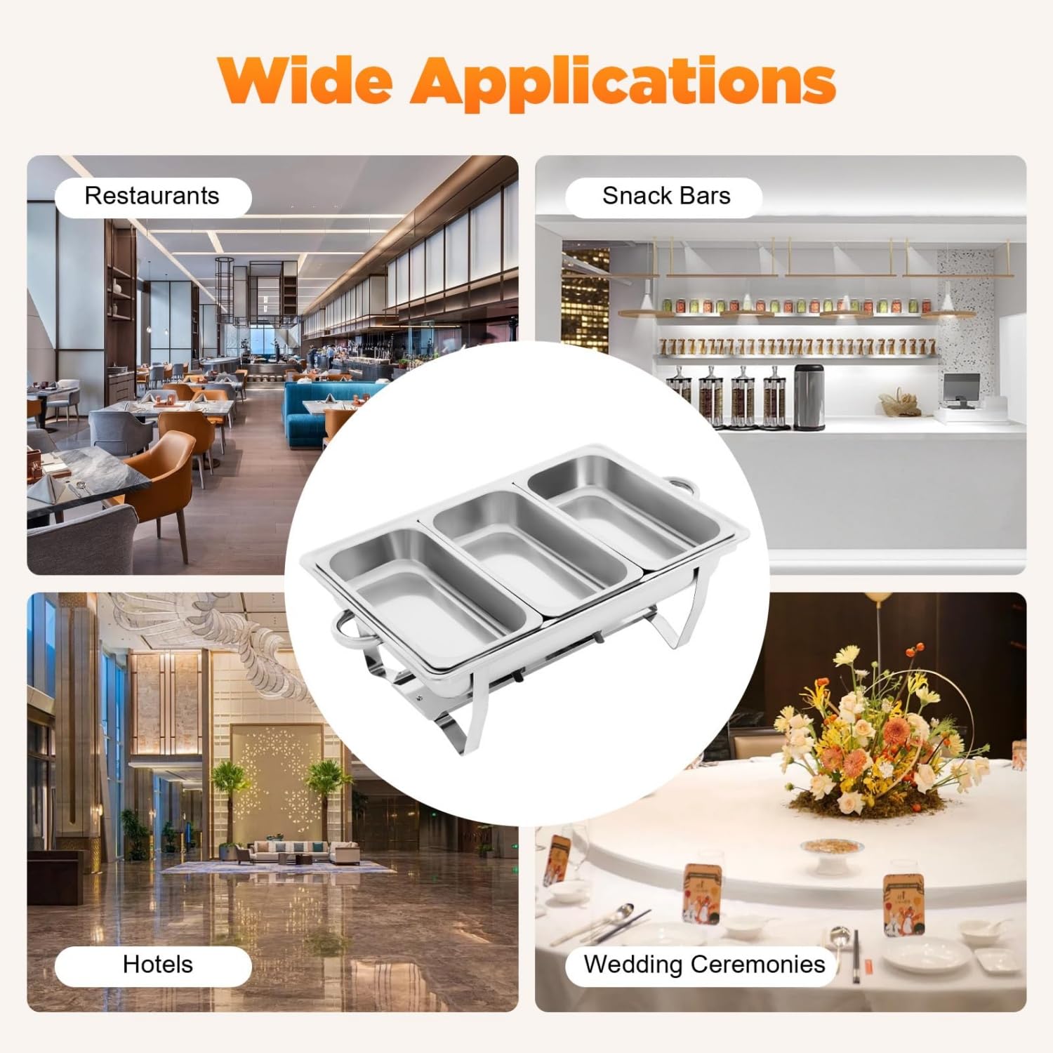 Set di Portavivande in Acciaio Inossidabile, Scaldavivande da 9L a 3 Scomparti con Coperchio e Manici, per Buffet, Catering, Matrimoni e Banchetti