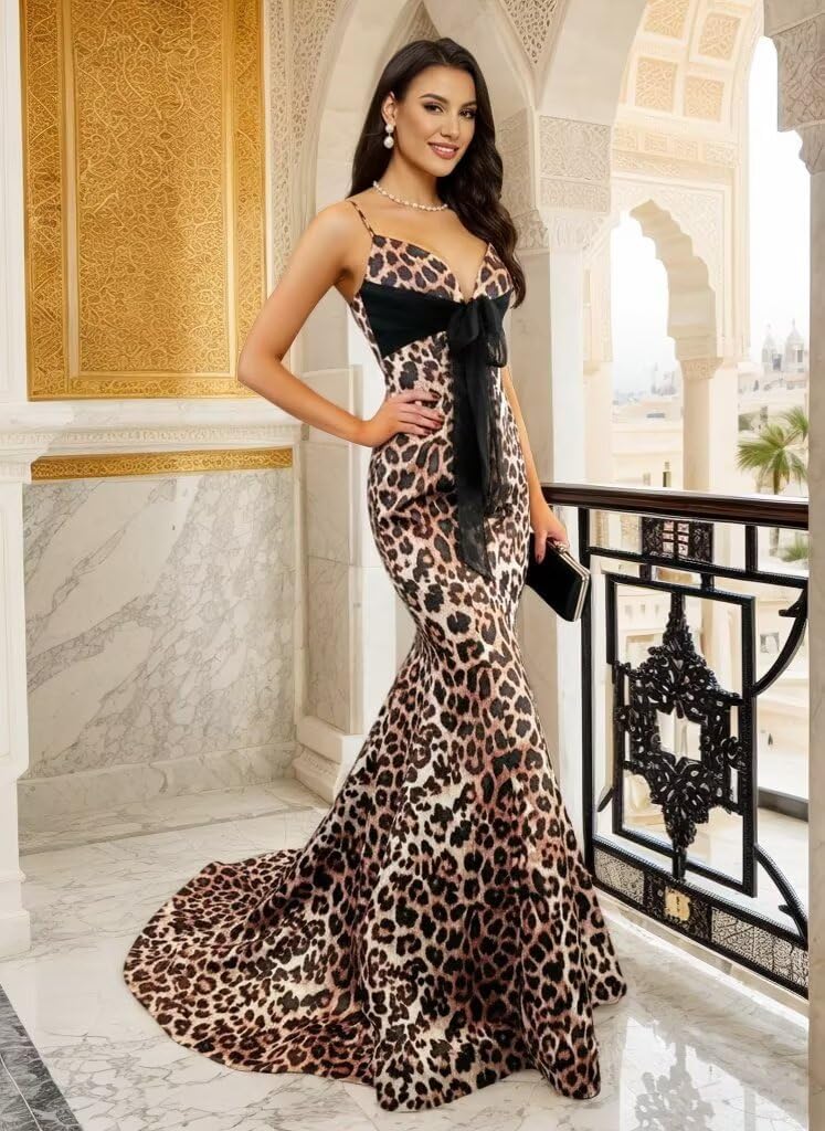 Polka Dots Prom Dresses Long for Women V Neck Tight Mermaid Party Gown with Court Train