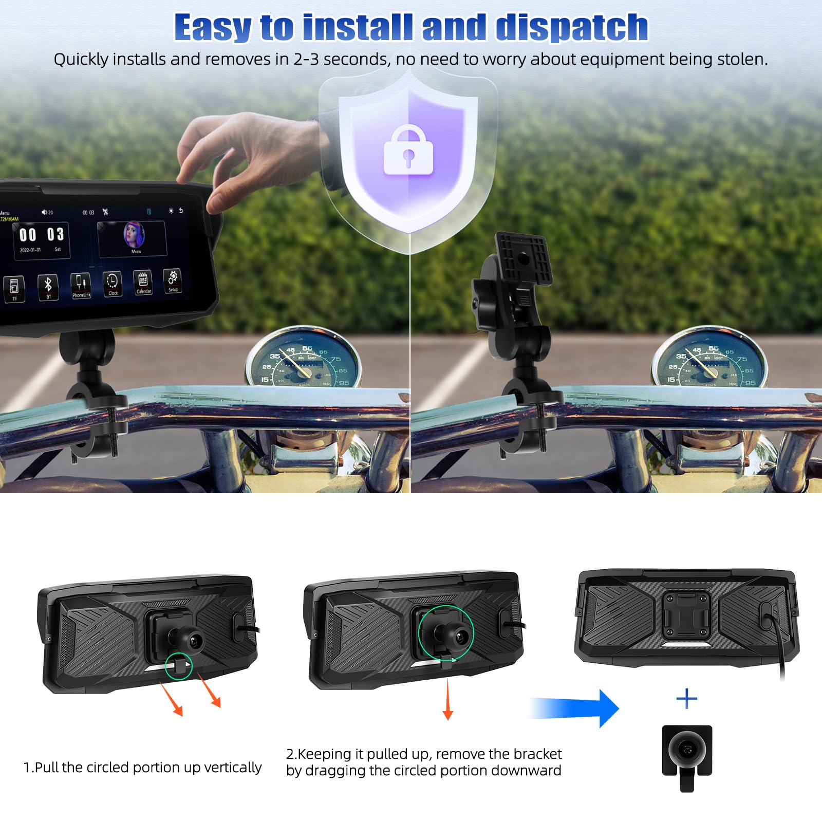 [2026] CAMECHO Wireless Carplay Pantalla de Motocicleta de 6.86 Pulgadas con Android Car IP68 Resistente al Agua, Navegador de Pantalla Táctil con Bluetooth Airplay Android Cast EQ Sound + 1280*480 HD