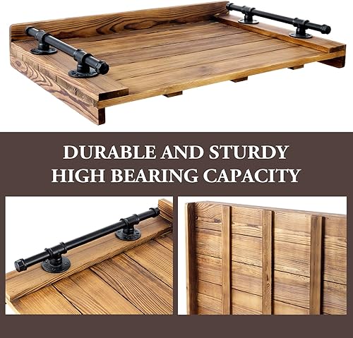 Miniatura 3 de MyGift Cubierta superior de estufa de madera quemada rústica oscura  Tabla de fideos Jumbo Bandeja decorativa para servir casa de campo con asas