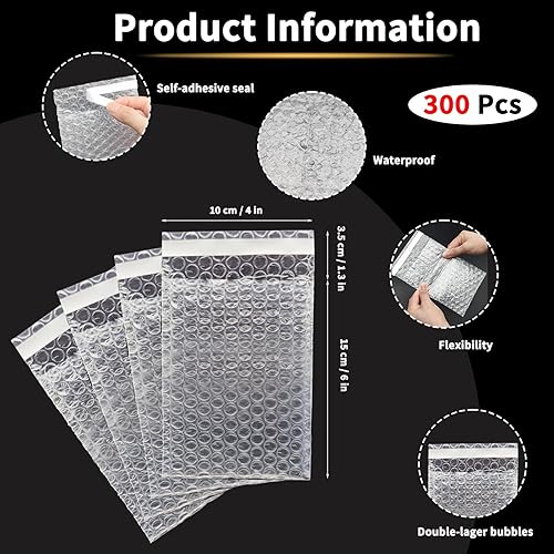 Miniatura 2 de 300 bolsas transparentes de burbujas autosellantes de 4 x 6 pulgadas, bolsa de envoltura de burbujas de doble pared, bolsas de burbujas