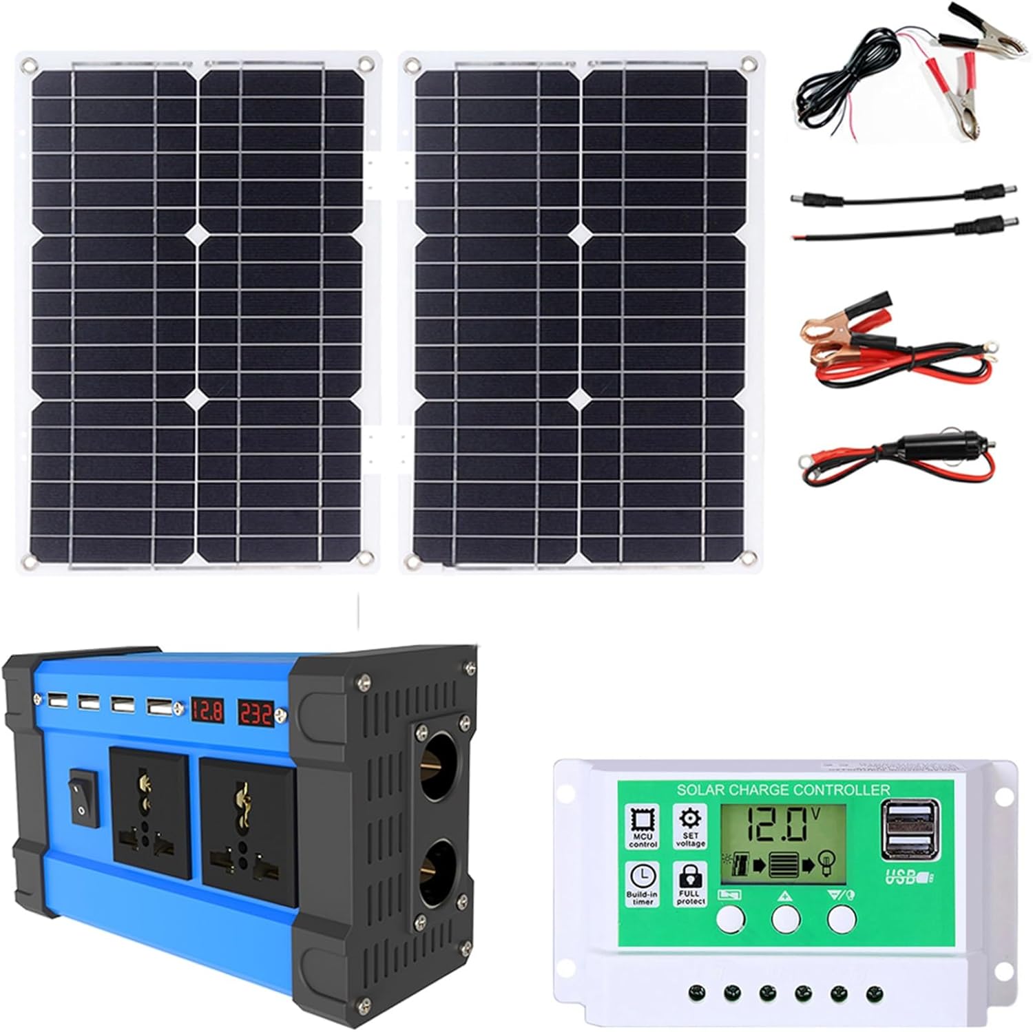 4000W DC 12V to AC 110V/220V Solar Panel Kit 50W Solar Panel +50A Solar Charge Controller 4 USB Outputs Off Grid Solar Kit Solar Power Kit for RV and Marine Off Grid System(12V-110V)