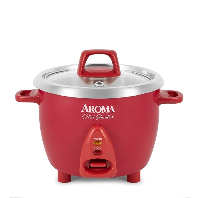 Aroma Housewares Select Stainless Rice Cooker Warmer with Uncoated Inner Pot 6-Cup cooked 1 2Qt ARC-753SGR Red