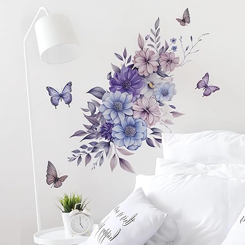 Miniatura 5 de Calcomanías de pared de flores de margaritas azules y moradas, calcomanías de pared de sacinora acuarela, crisantemo, mariposa, arte floral, vinilo