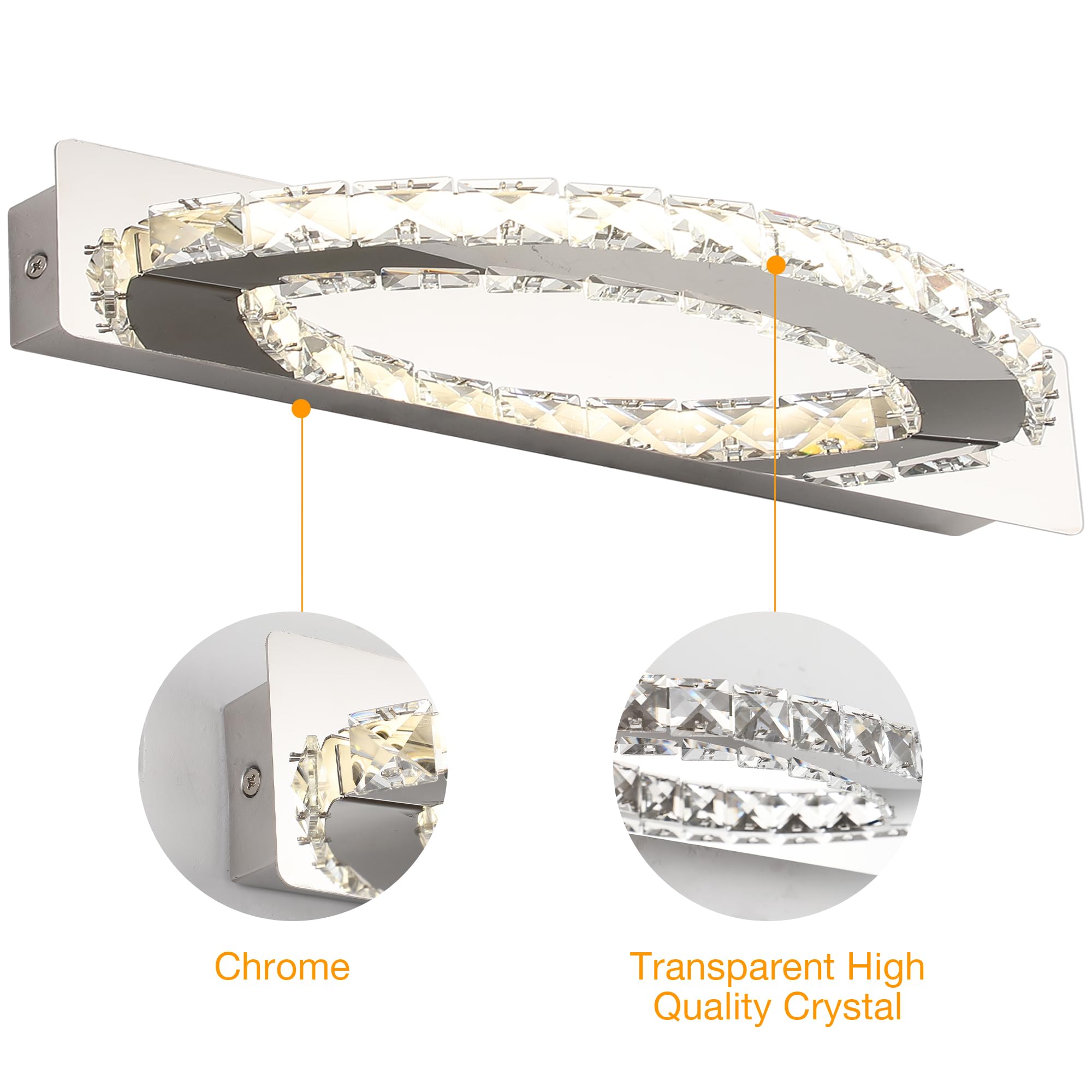 Lampada da specchio a LED 15 W 1080 lumen 4000 K con cristalli IP44 impermeabile 230 V cromata (50cm, Cromo)