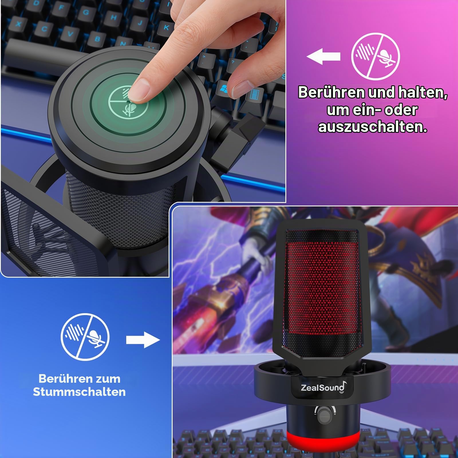 zealsound USB Mikrofon Kabellos, Gaming Mikrofon PC mit Rauschunterdrückung