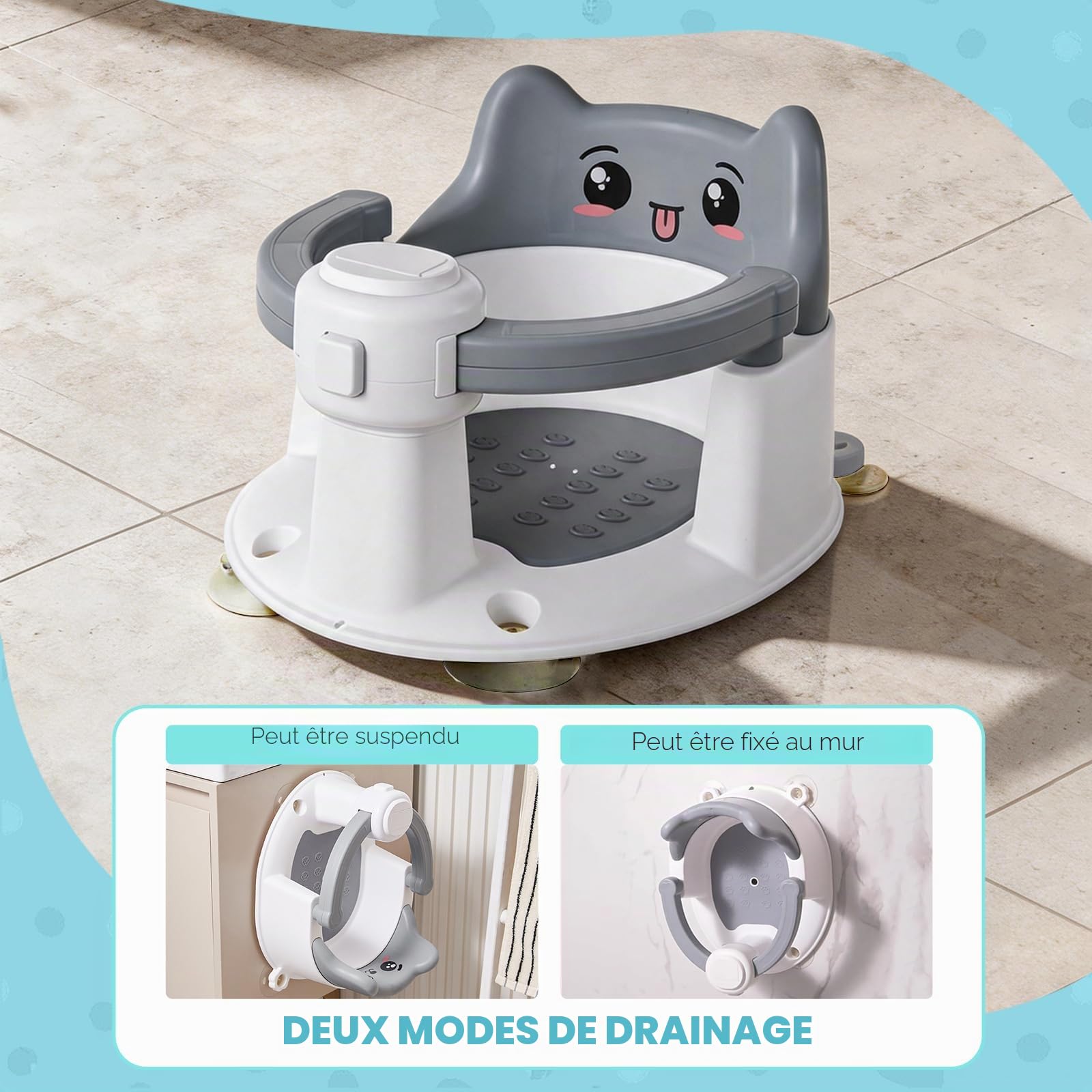 Siège de bain pour bébé dès 6 mois, siège antidérapant avec ventouses, accoudoirs ajustables, siège sécurisé pour baignoire et douche, libère les mains des parents