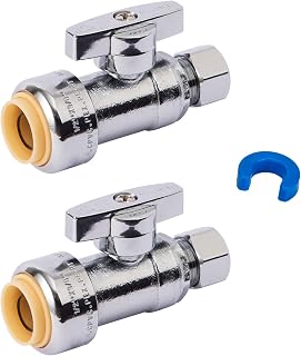 SUNGATOR Straight Stop Valve, Push Fit Water Valve Shut Off 1/2" Ptc x 3/8" Compression with Disconnect Clip, Push-to-Connect, PEX, Copper, CPVC, PE-RT, 1/4 Turn ON/Off, No Lead Brass (2-Pack)