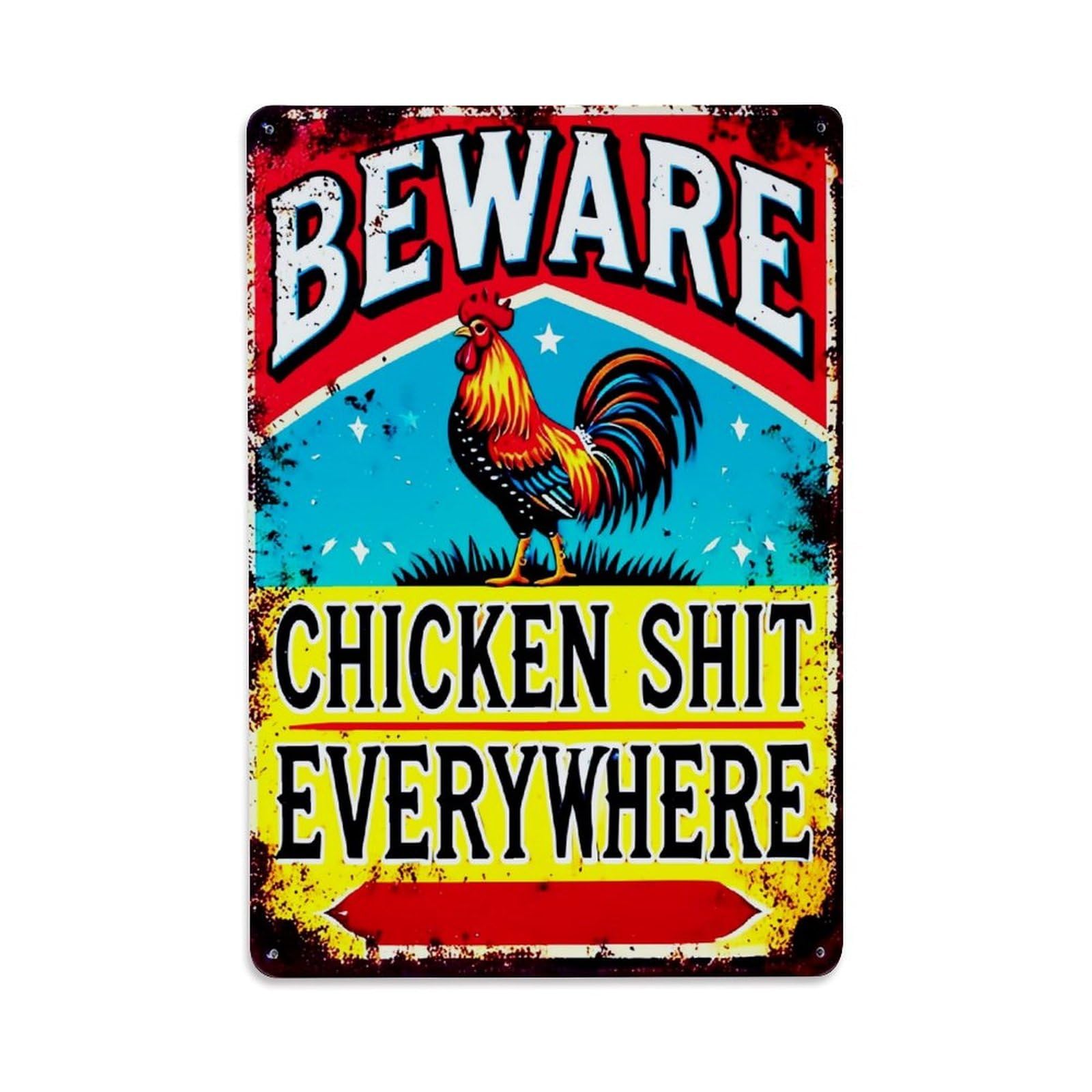 Beware Chicken Shit Everywhere Rooster_1 Tin Sign Metal Poster Vintage Metal Signs for Home Man Cave Bar Cafe Kitchen laundry room Wall Decorations Gift 8x12Inch