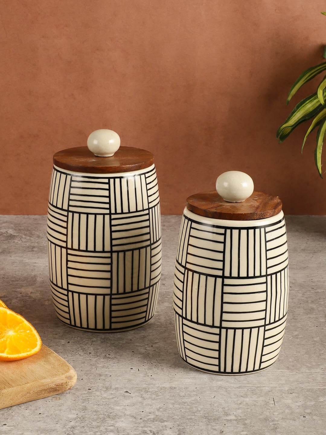 miah decor Ceramic Jars For Kitchen Storage with Wooden Lid Handpainted Line Design Pickle Spices Stoneware Jar Box -(Big/Small Size (HxW):-6.5X3/6X2.7 inches;Volume Big/Small:- 600/ 400ml)