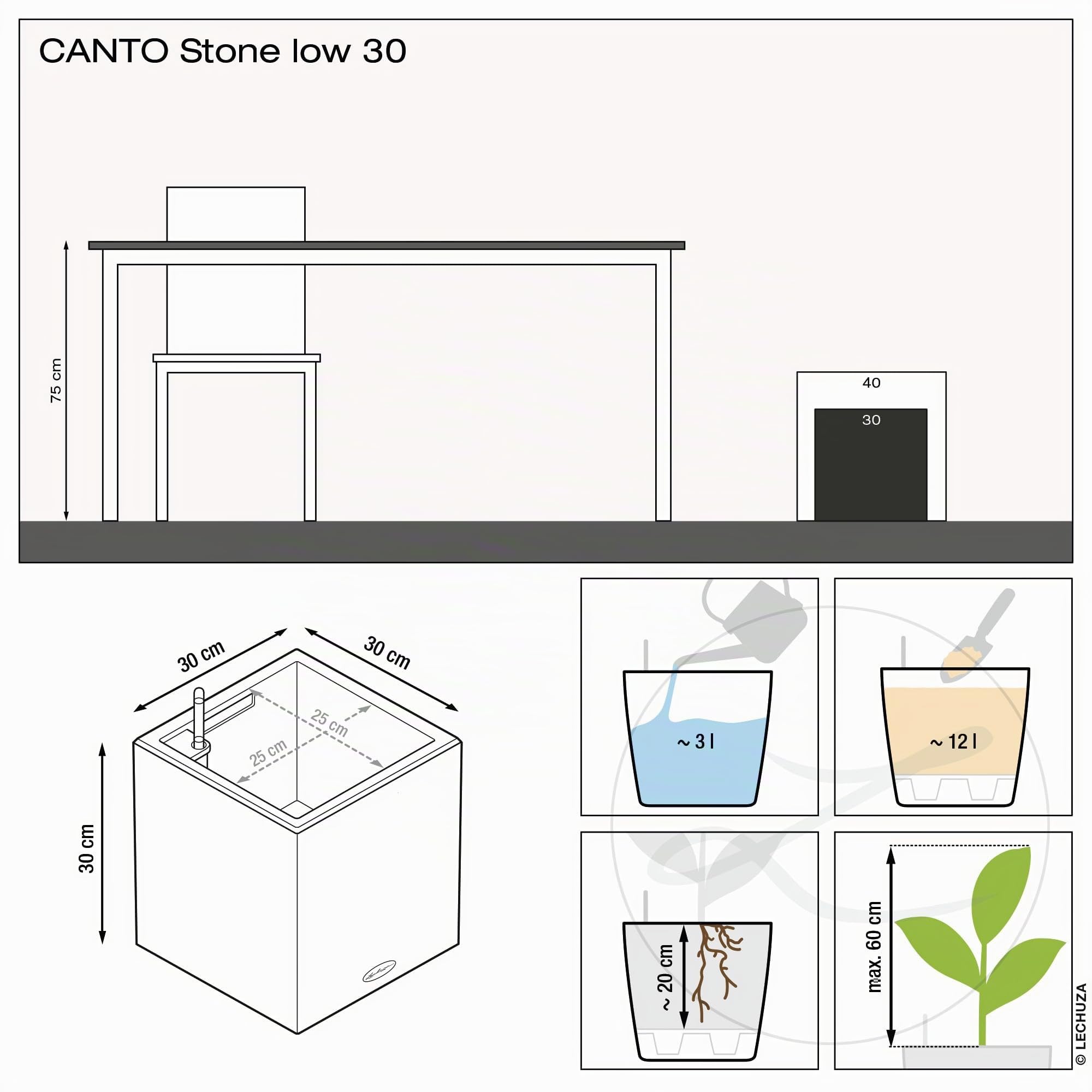 LECHUZA CANTO Stone 30 low beige sabbia 13701