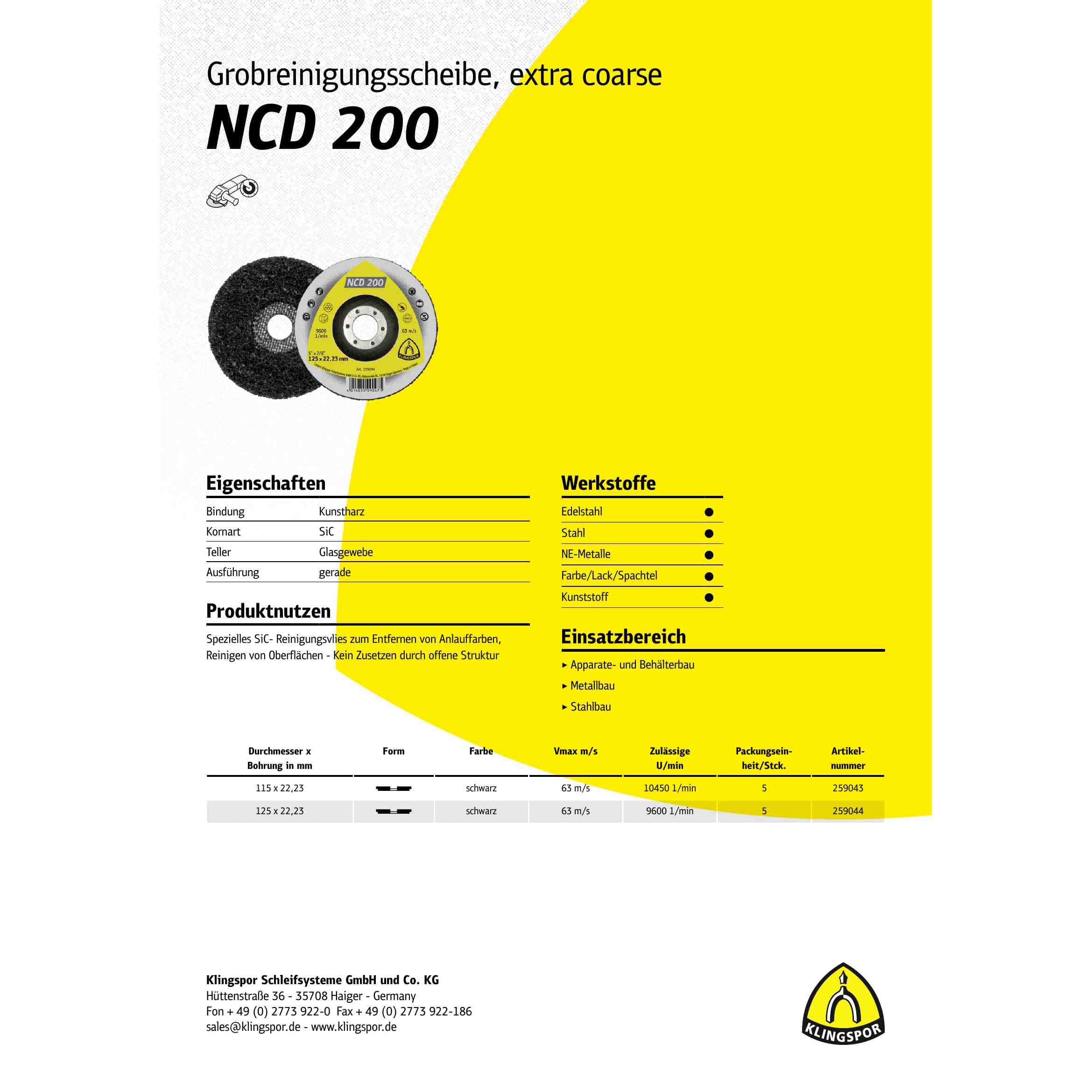 5 x Klingspor NCD 200 Reinigungsscheibe, 115 x 22,23 mm Siliziumkarbid gerade Art.: 259043
