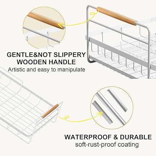 Miniatura 5 de Eficazom Escurridor de platos duradero de 2 niveles desmontable para encimera de cocina con soporte para cuchillos y portavasos, mango de madera,