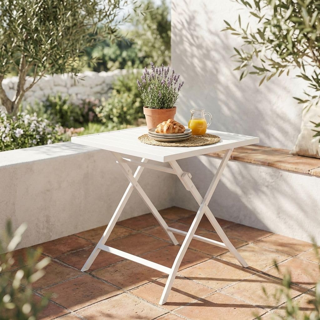 milani home - tavolo da giardino pieghevole, alluminio, pieghevole salvaspazio quadrato, 4 posti, bianco, piano 70 x 70 cm