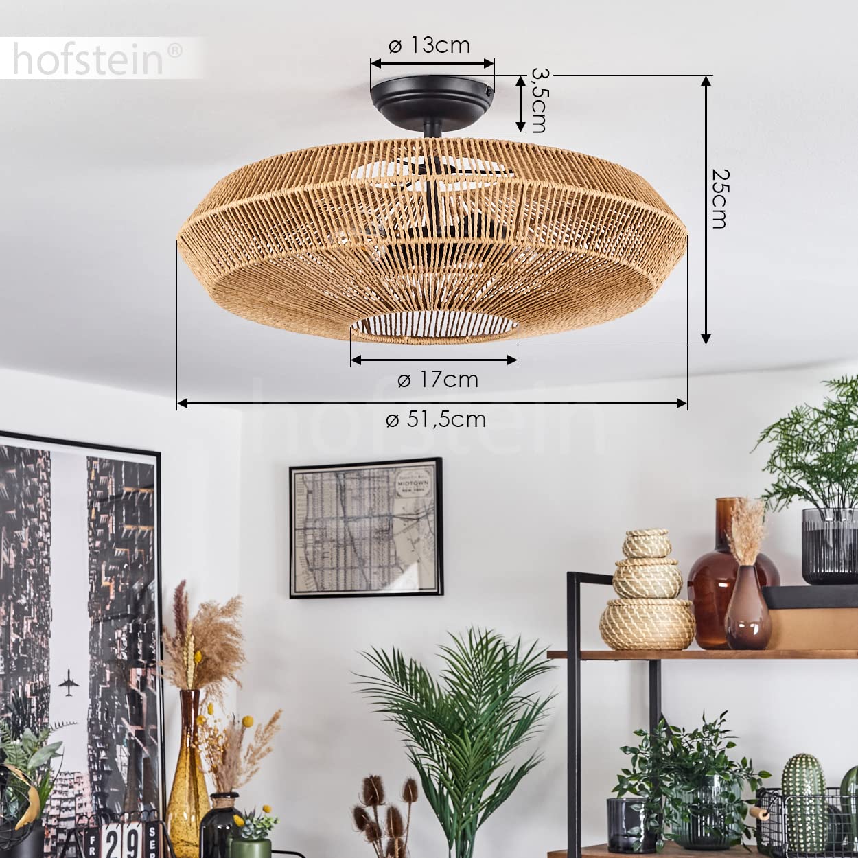 Lampada da soffitto Cassano, lampada da soffitto moderna in metallo/rattan in nero/natura, lampada dal design moderno con effetto luce, ø51,5 cm, 1 luce, 1 x E27, senza lampadina/e