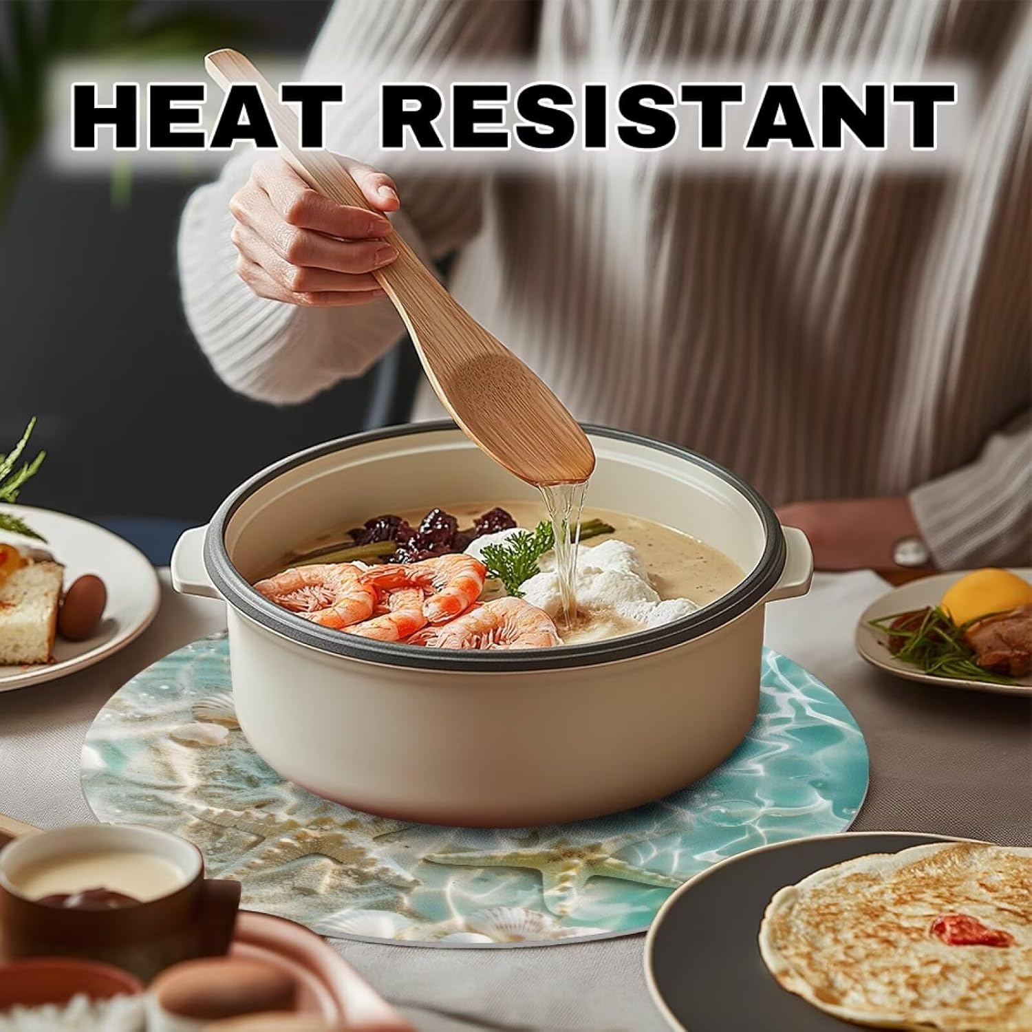 Beach Starfish Heat Resistant Placemats for Round Table 6 Pack Place Mats for Dining Tables Wipeable Faux Leather Placemats Nonslip Coffee Coasters for Outdoor Theme Party