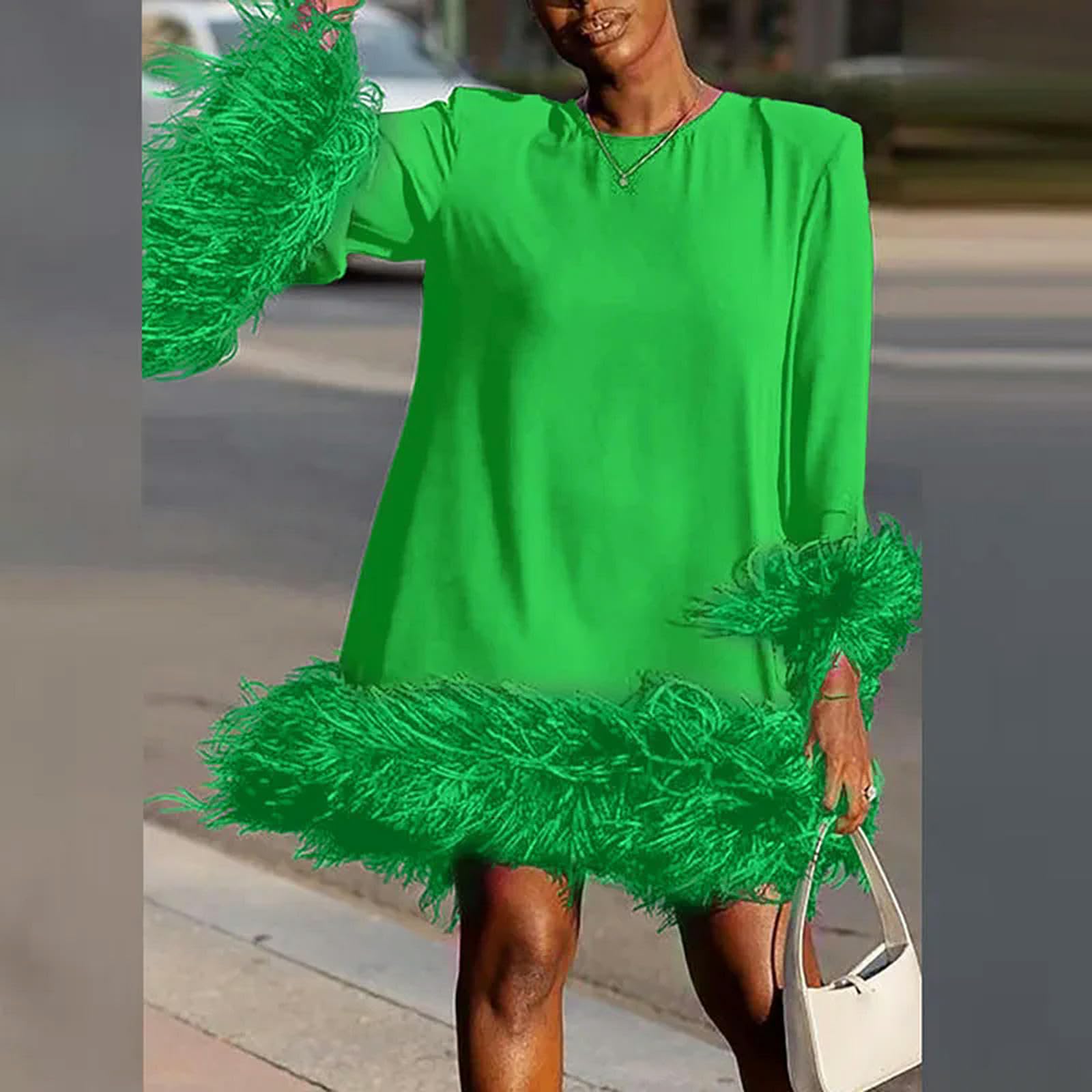 Vestido Elegante de Manga Larga con Cuello Redondo para IR al Trabajo, Vestido Holgado de Corte en A de Color sólido, Ropa de Mujer, Vestido de Fiesta de Retazos de Plumas