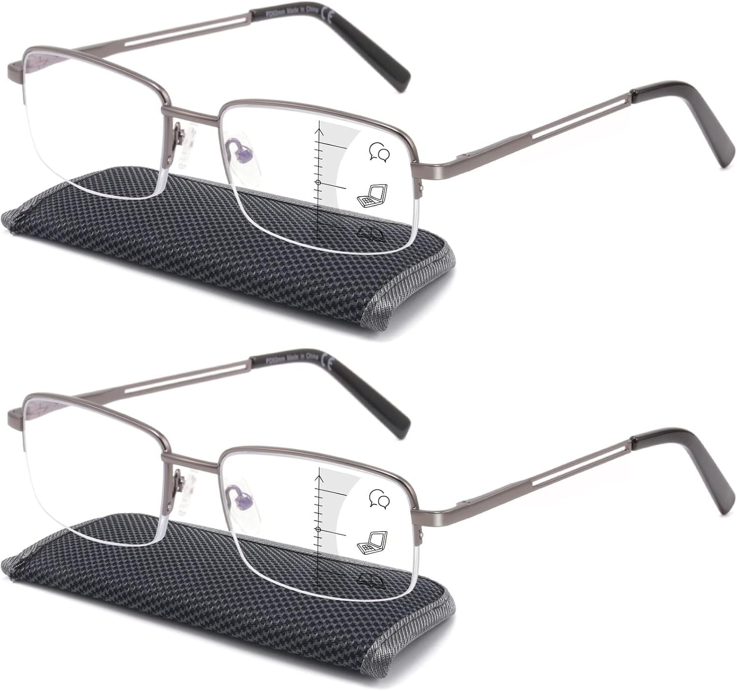 Premium 2 PACK Durable Progressive Multifocus Reading Glasses for Men Blue Light Blocking Computer Reader Anti Eyestrain Metal Frame Spring Hinges (for Mid-Near Range approx 3ft) 2.5 Gunmetal