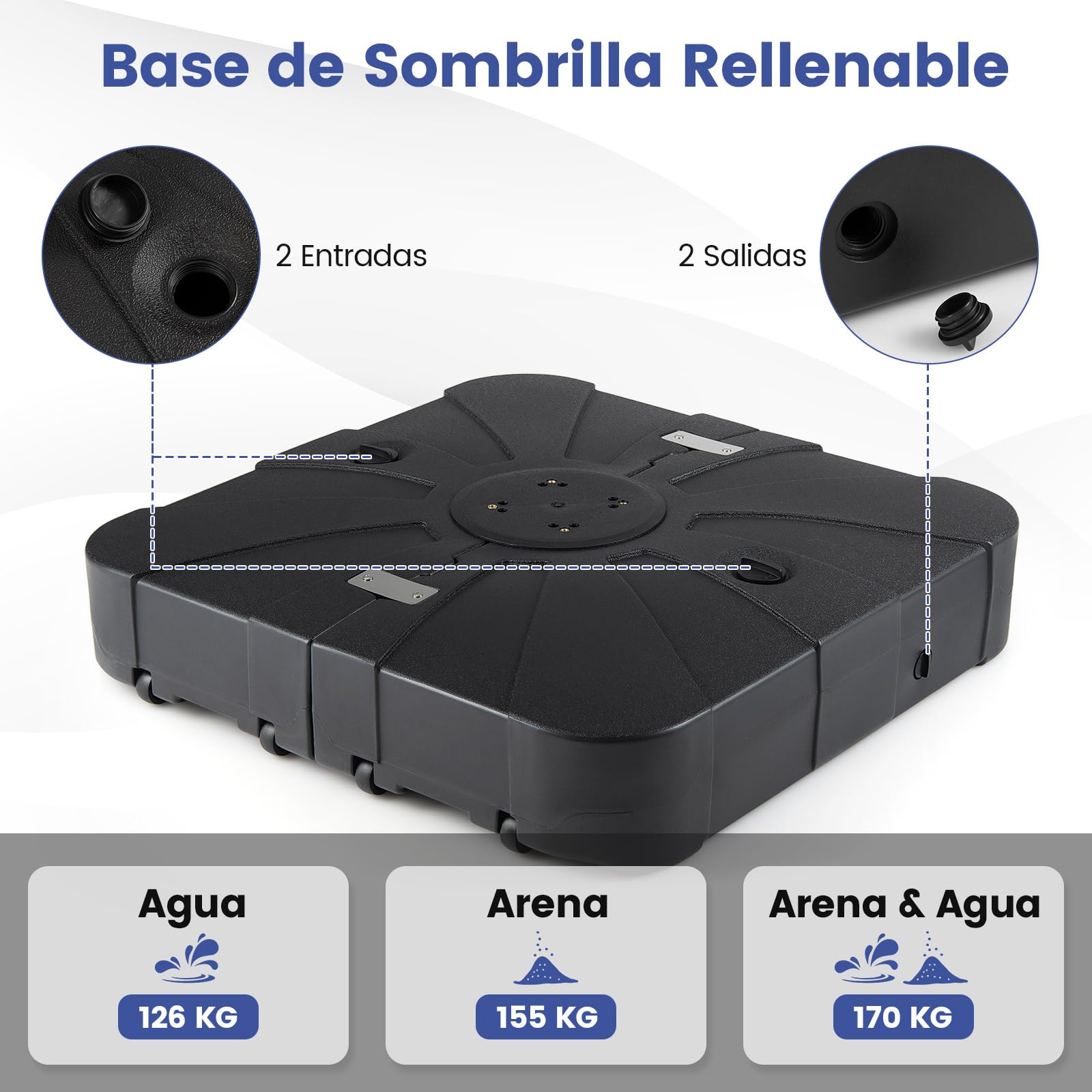 COSTWAY Base para Sombrilla con Ruedas, Soporte para Sombrillas de Patio de Alta Resistencia, Base Cuadrada Rellenable de Agua y Arena, Pie Portátil para Parasol para Terraza, Jardín, Piscina (170 kg)