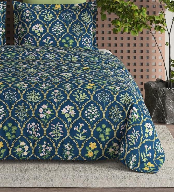 Image of DECOMIZER Cotton Feel All Around Elastic Fitted Glace Printed Single Bed Bedsheet with 1 Large Pillow Cover Fits Upto Mattress of 6 Inches,Size - 42 x 75 x 8 Inches, Navy Jaipuri