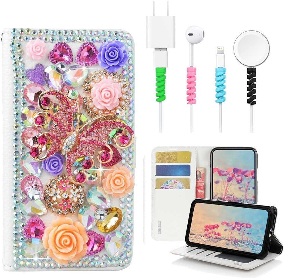 STENES Bling Wallet Case Compatible with iPhone 6 / iPhone 6S - Stylish - 3D Handmade Rose Butterfly Flowers Design Leather Cover with Cable Protector [4 Pack] - Pink