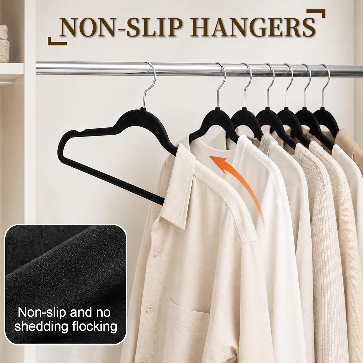 Velvet Hangers 50 Pack, Non Slip Clothes Hangers with Shoulder Notches, Slim Felt Hanger with 360° Swivel Hook, Space-Saving, for Coat, Shirt, Pants, Dress, Suits, Black