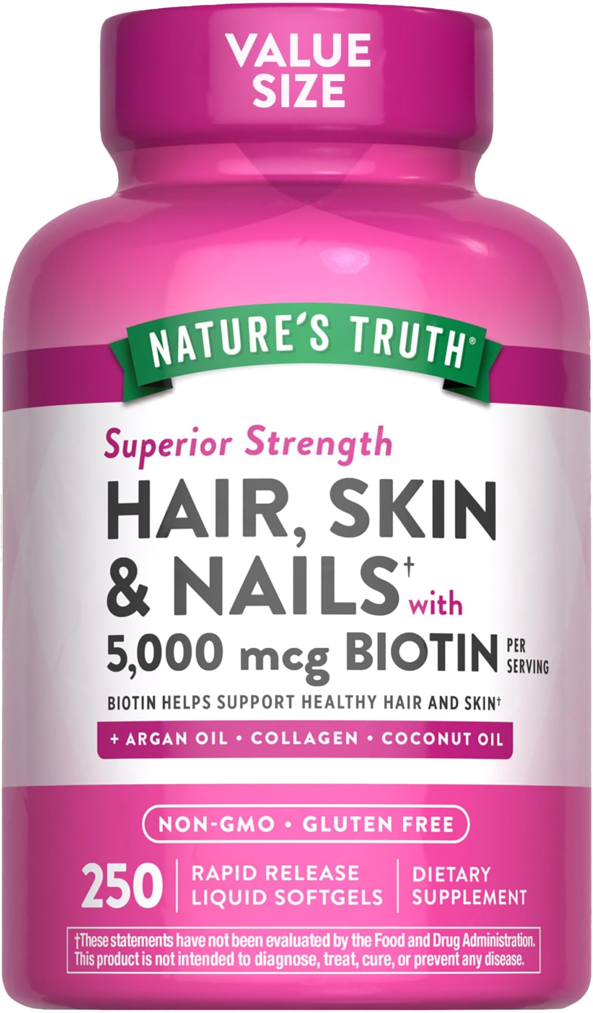 Hair, Skin & Nails Vitamins | 5000mcg | 250 Softgels | Includes Collagen, Biotin and Coconut Oil | Non-GMO & Gluten Free Supplement for Women and Men