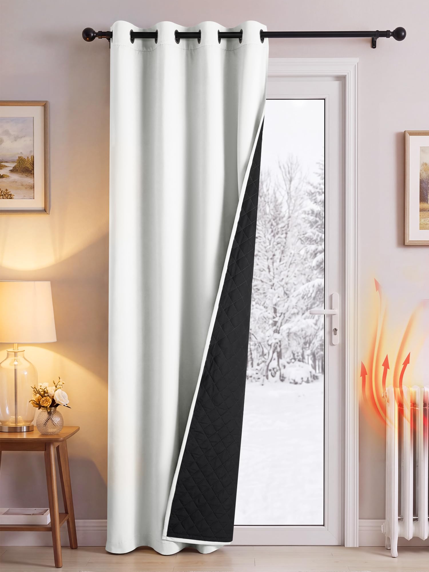 PONY DANCE Thermal Door Curtain with Quilted Black Lining, White, 52x90