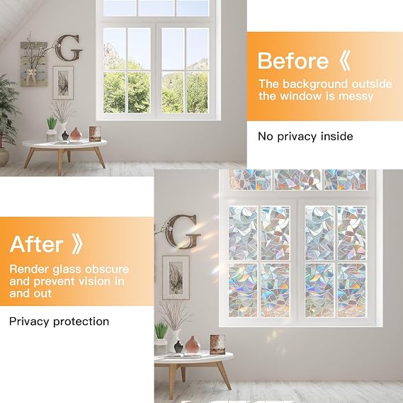 Rainbow Window Privacy Film Decorative, Static Cling Stained Glass Windows Tint for Home, 3D Decals Window Clings for Glass Windows, Suncatcher Cover Stickers (35.4 x 78.7)