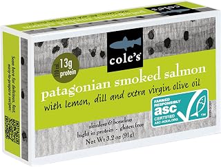 Cole's Patagonian Smoked Salmon Fillet with Lemon & Dill in Extra Virgin Olive Oil | 3.2oz Canned, 13g Protein, Sustainably Raised