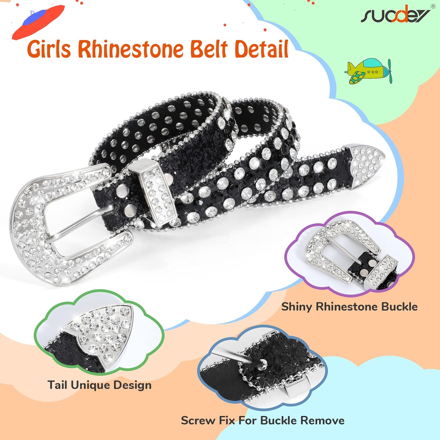 SUOSDEY Kids Rhinestone Western Belt for Girls Boys, Cowboy Cowgirl Diamond Studded Bling Leather Belt - Image 3