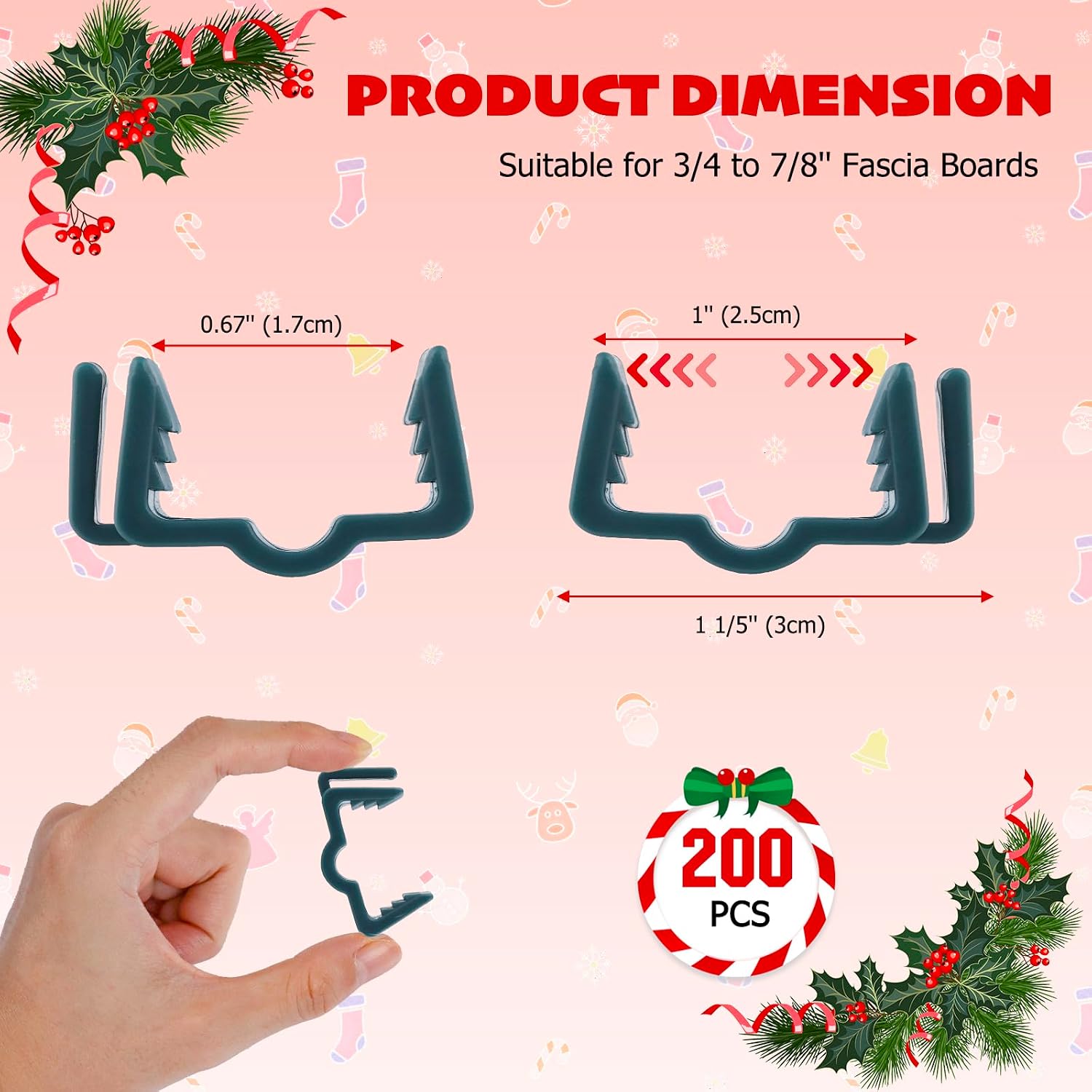 Christmas Light Hanger Clips Fascia Board Light Clips Plastic Holiday Deck Banister Hanger for Christmas Fascia Board Roof Gutter Fence Eave Decoration, Green (200 PCS, 7/8")