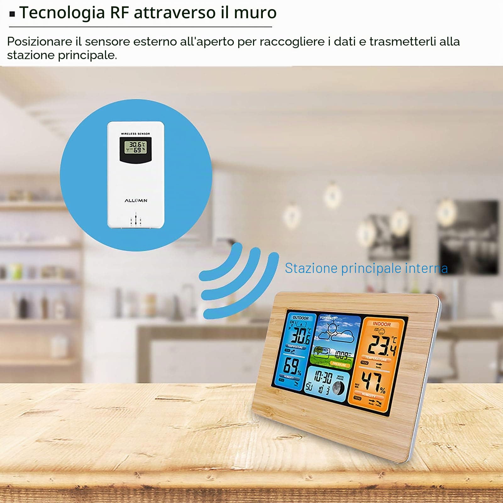 ALLOMN Stazioni Meteo Wireless con Sensore Interno Esterno, Stazione Meteo Digitale LCD con Avviso/Temperatura/Umidità/Barometrico/Previsioni/Fasi Lunari/Sveglia per Casa Ufficio Giardino (RF Giallo)