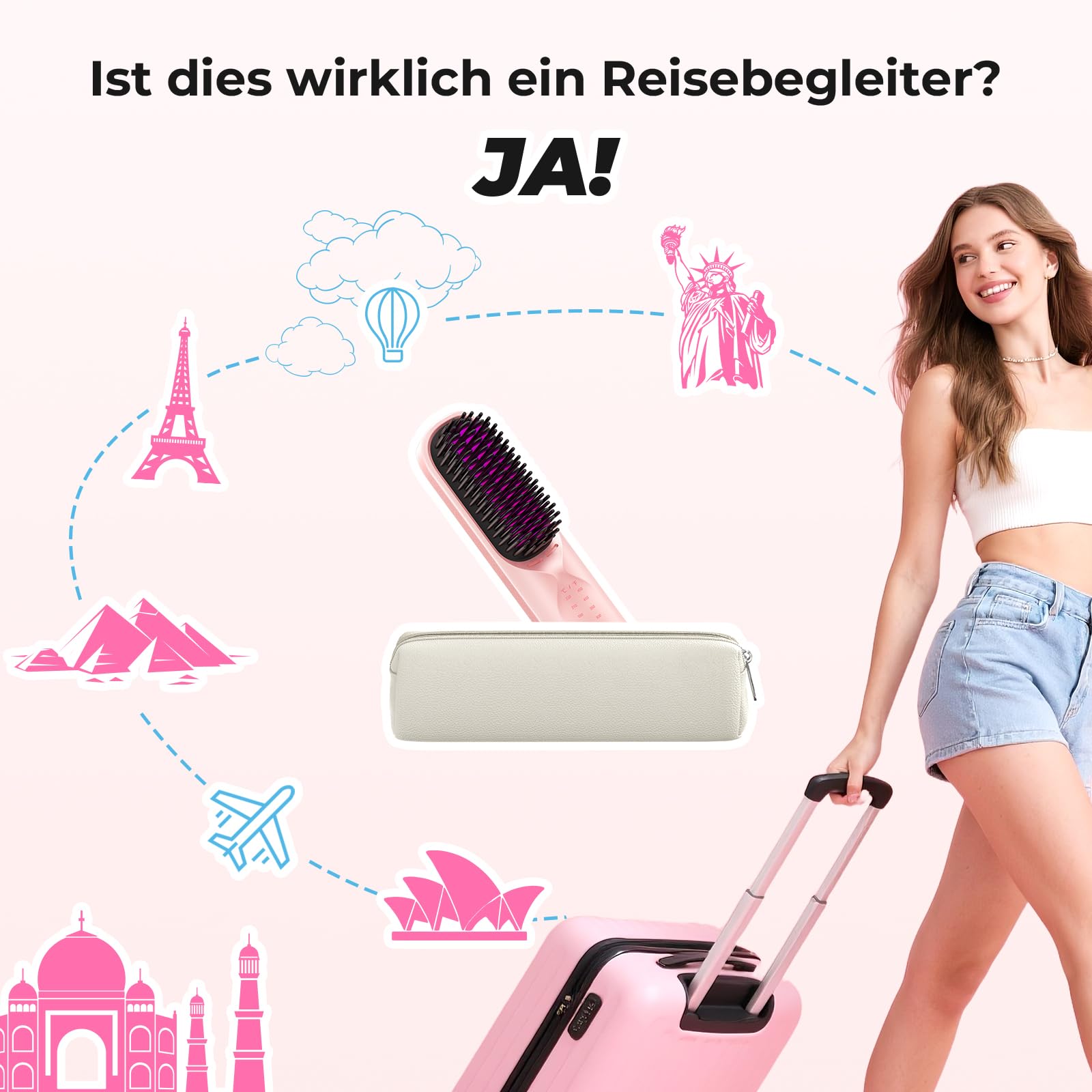 Bopcal Glättbürste Kabellos 10000mAh, 3 in 1 Haarglätter Bürste mit Millionen Negative Ionen, Wiederaufladbar Glättungsbürste für Reise, 6 Wärmestufen, Verhindert Haarziehen & Glättet Schneller