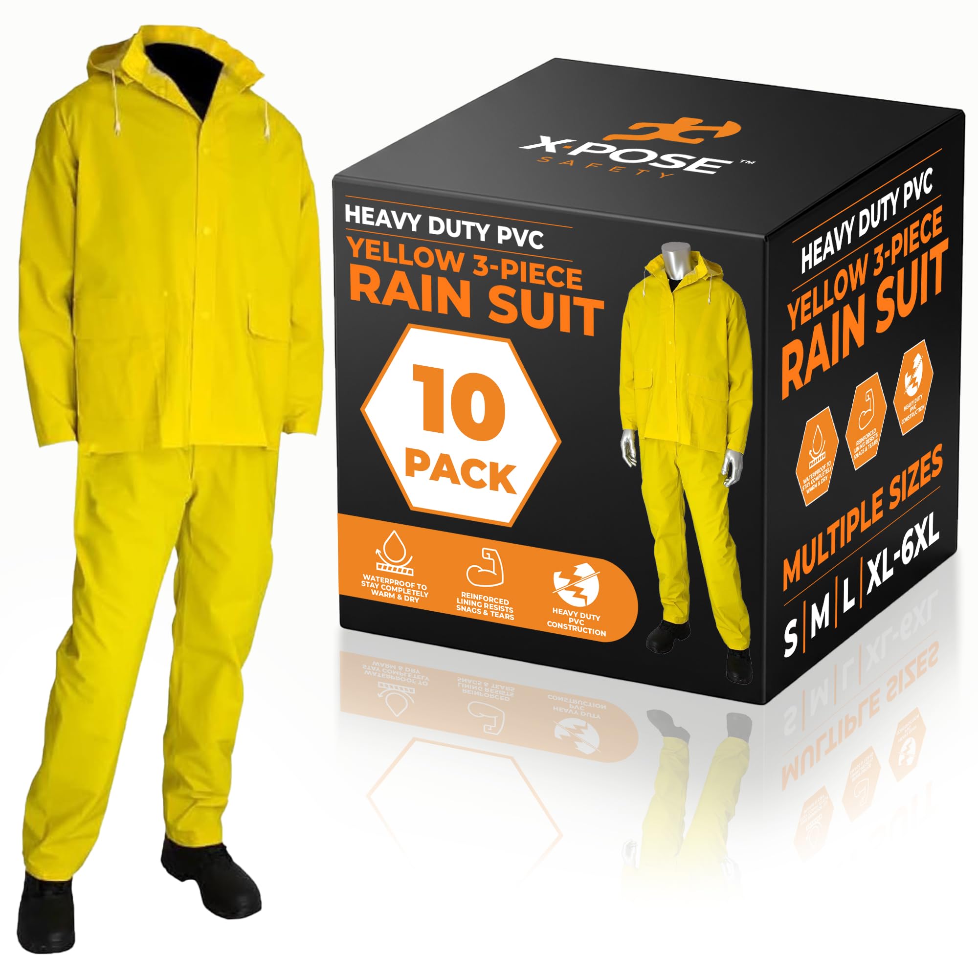 Xpose Safety 3pc Yellow Rain Suit – 48" .35mm PVC Waterproof Raincoat Jacket, Detachable Hood &amp; Pants for Storms,Fishing,Work