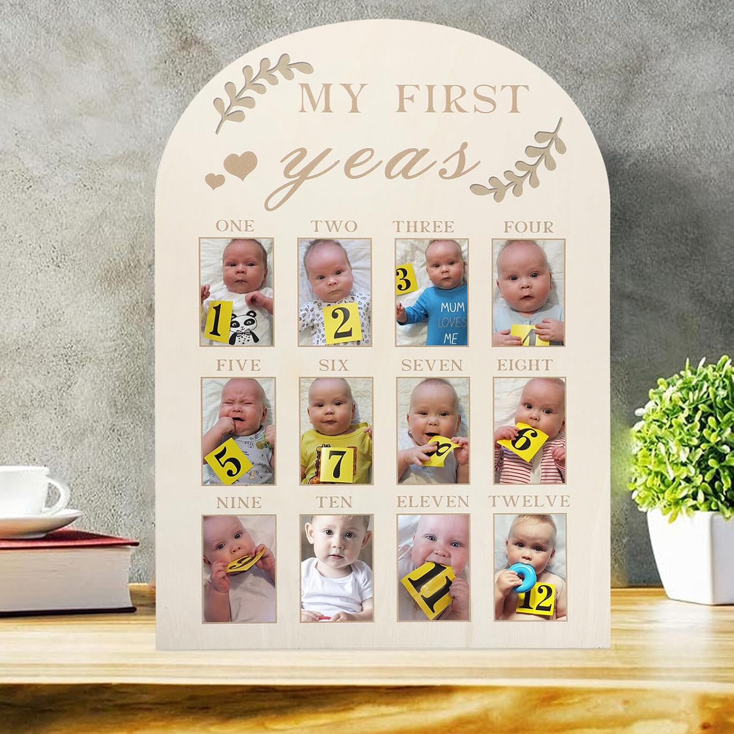 Keepsake Photo Frame Wooden First Year Milestone Board Newborn Picture Frame for Monthly Photo Display Nursery Décor