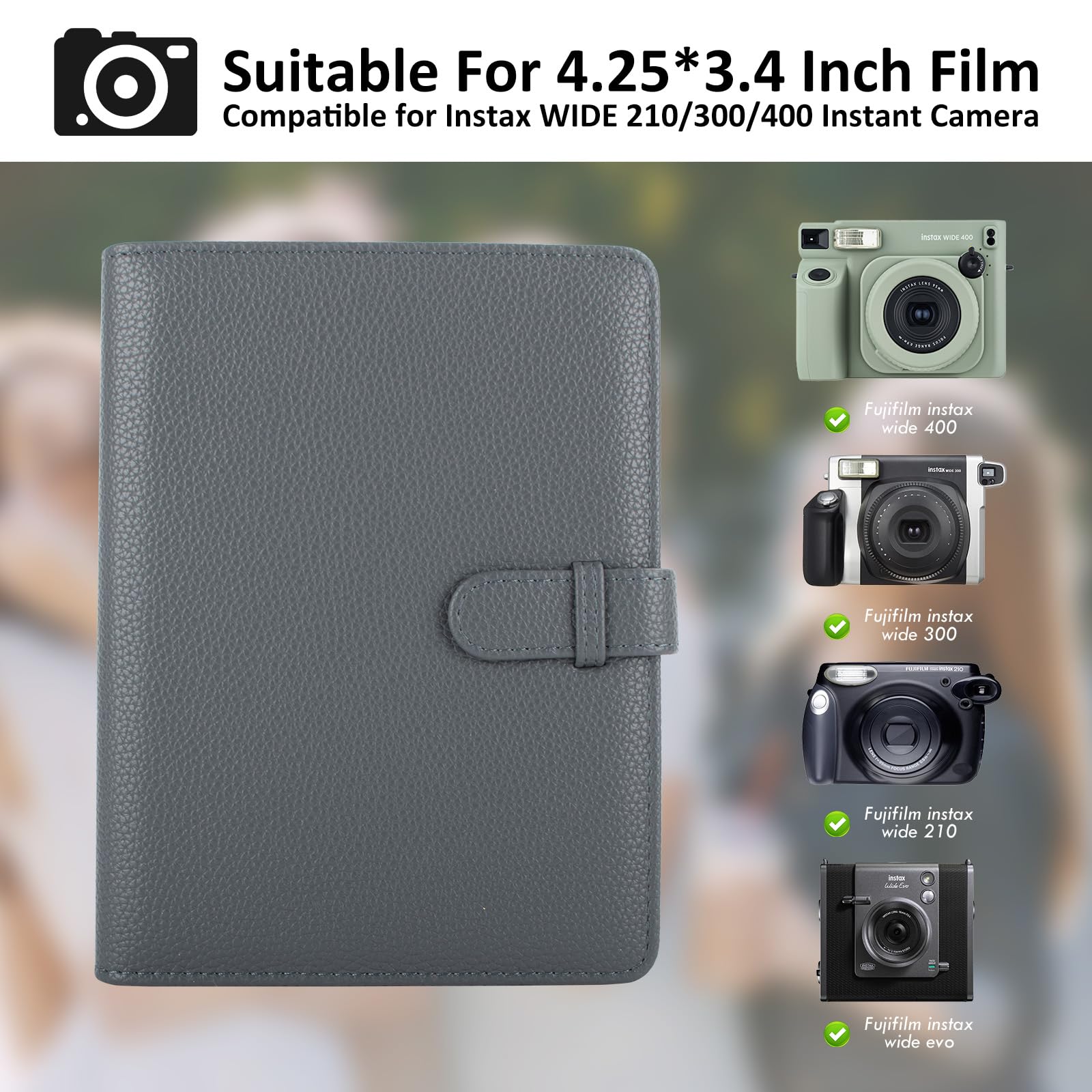 MUZIRI KINOKOO 80 Pockets Photo Album for Instax Wide EVO/Link WIDE/Wide 400 Camera Film,Lychee Texture PU Leather Album for Wide 300/Wide 210 Camera,4.25*3.4 inch Film Collection Souvenir Album-Grey - Image 2