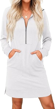 PrinStory Womens Casual Dresses | Fall Winter Long Sleeve Half Zip V Neck Pullover Tunic Sweatshirt Dress with Pockets S-2XL