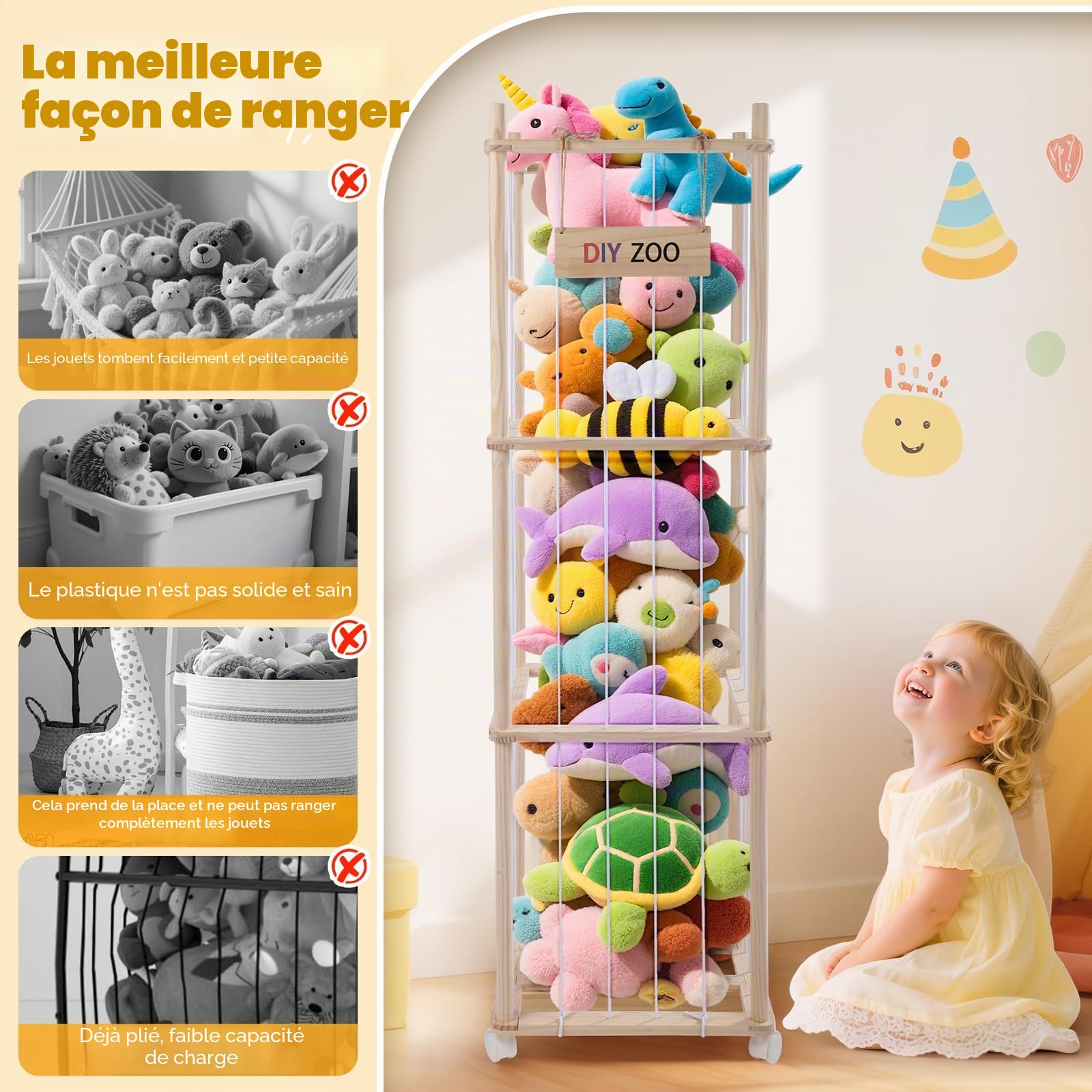 Conteneur pour animaux en peluche, 138 x 41 x 41 cm pour jouets souples en bois massif avec roues pivotantes verrouillables à 360 °, boîte pour jouets en peluche pour chambres, séjour