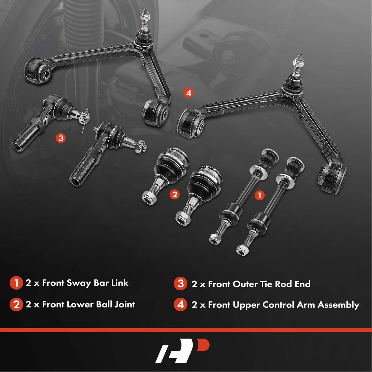 A-Premium Set of 8, Front Upper Control Arm, Sway Bar Link, Lower Ball Joint, Outer Tie Rod End, Compatible with Dodge Ram 1500 2002 2003 2004 2005, RWD Only