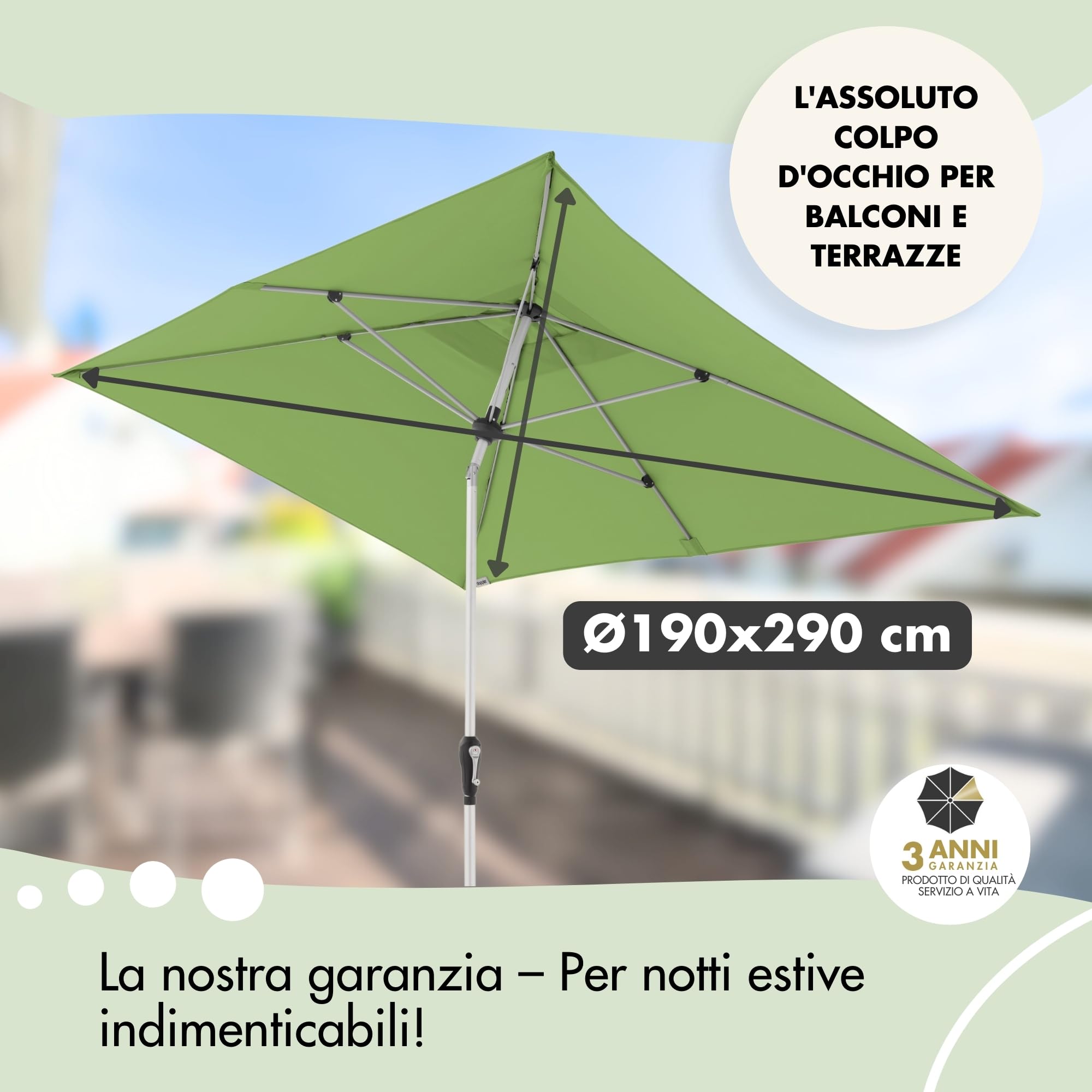 Doppler Ombrellone Rettangolare 190×290 cm in Alluminio – da Balcone e terrazza con manovella, tettuccio inclinabile, Protezione UV 80+ e Tessuto Impermeabile