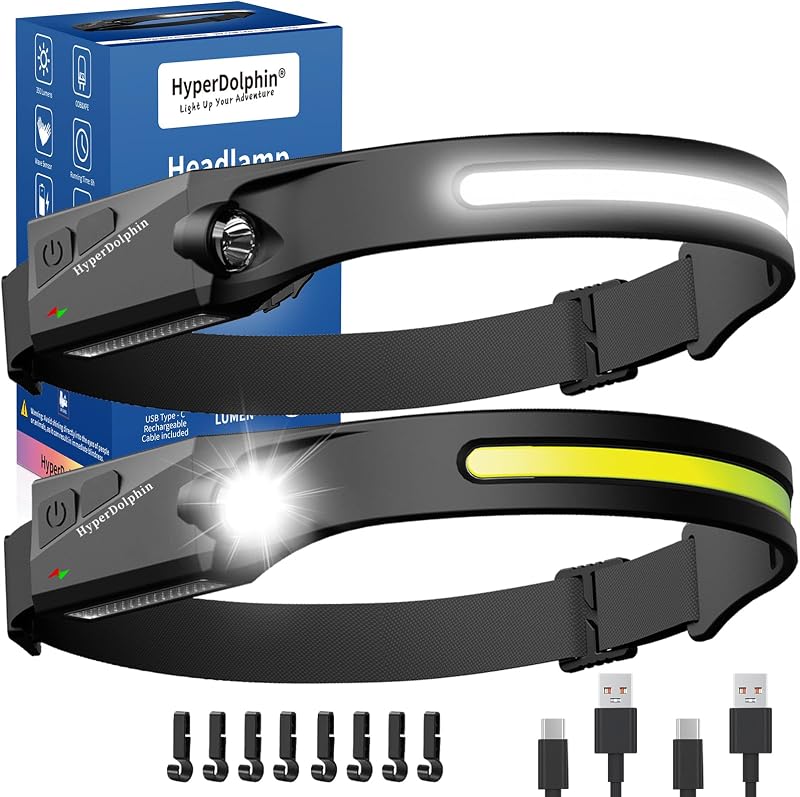 Linterna frontal LED recargable (paquete de 2) haz ancho de 230°, lámpara frontal liviana USB-C, larga duración, resistente al agua para acampar, caminar, correr, pescar, trabajos de reparación
