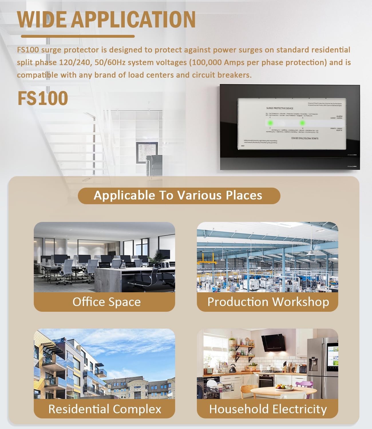 FS100 Whole House Surge Protection Device Rated for 100,000 Amps, Compatible with Any Brand of 120/240V Load Center and Breakers, Replace for Siemens FS100